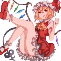 Rule 34 | 1girl, :d, ascot, ass, bad id, bad twitter id, blonde hair, commentary request, crystal, dress, fang, feet out of frame, flandre scarlet, hair between eyes, hand up, hat, hat ribbon, highres, jan (lightdragoon), knees up, laevatein, light particles, looking at viewer, mary janes, mob cap, nail polish, open mouth, panties, petticoat, puffy short sleeves, puffy sleeves, red dress, red eyes, red footwear, red nails, red ribbon, ribbon, shoes, short hair, short sleeves, simple background, smile, socks, solo, thighs, touhou, underwear, white background, white hat, white panties, white socks, wing collar, wings, yellow ascot