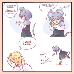 Rule 34 | 10s, 1girl, 4koma, :d, = =, animal ears, black dress, black footwear, capelet, cheese, comic, commentary, dress, english text, closed eyes, food, grey hair, highres, holding, meme, mouse ears, mouse tail, nazrin, open mouth, parody, re:zero kara hajimeru isekai seikatsu, rubbing, shoes, simple background, smile, speech bubble, spoilers, tail, throwing, touhou, white background, yoruny