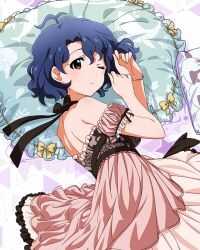 Rule 34 | 1girl, antenna hair, bare shoulders, blue hair, bracelet, breasts, brown eyes, closed mouth, detached sleeves, dot nose, eyelashes, floral print, frilled negligee, frilled pillow, frills, idolmaster, idolmaster million live!, idolmaster million live! theater days, jewelry, light blush, light smile, looking at viewer, lying, medium breasts, official art, on side, one eye closed, pillow, pink negligee, puffy detached sleeves, puffy sleeves, ribbon-trimmed sleeves, ribbon trim, rose print, short hair, sidelocks, solo, toyokawa fuka, wavy hair