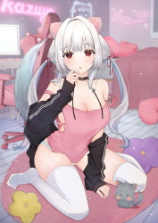 Rule 34 | 1girl, absurdres, ahoge, animal, animal ears, black choker, black jacket, blurry, blurry background, breasts, choker, cleavage, hair ornament, hand on own face, highres, jacket, large breasts, looking at viewer, no pants, off shoulder, open clothes, open jacket, open mouth, original, panties, pink shirt, red eyes, shirt, sitting, tail, thighhighs, twintails, uiri-na, underwear, wariza, white hair, white panties, white thighhighs