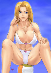 Rule 34 | 1girl, artist name, ball, bow, bow panties, bra, breasts, dead or alive, dead or alive xtreme beach volleyball, eyebrows, feet out of frame, hair intakes, lingerie, panties, sitting, sitting on object, solo, spread legs, tecmo, tenji, tina armstrong, underwear, underwear only, volleyball (object), white panties