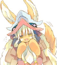 Rule 34 | 1girl, :3, :d, animal ears, bad id, bad twitter id, blunt bangs, ears through headwear, flying sweatdrops, furry, furry female, hat, horizontal pupils, horns, long hair, looking at viewer, made in abyss, nanachi (made in abyss), nekotorina, open mouth, smile, solo, standing, sweatdrop, tail, tail wagging, whiskers, white hair