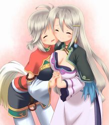 Rule 34 | 2girls, akeyama, breast press, breasts, cleavage, closed eyes, holding hands, interlocked fingers, large breasts, ling hua, long hair, mother and daughter, multiple girls, pantyhose, rune factory, rune factory 4, silver hair, smile, tail, xiao pai