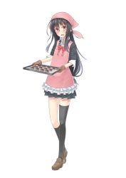 Rule 34 | 10s, 1girl, apron, black hair, black skirt, black socks, blazer, blush, brown footwear, brown gloves, collared shirt, cookie, food, full body, gloves, hair ornament, hatsushimo (kancolle), hatsushimo kai ni (kancolle), head scarf, highres, jacket, kantai collection, kneehighs, loafers, long hair, looking at viewer, low-tied long hair, open mouth, oven mitts, pink apron, pleated skirt, red eyes, red ribbon, ribbon, school uniform, serafuku, shirt, shoes, simple background, single kneehigh, single sock, single thighhigh, skirt, sleeves rolled up, smile, socks, solo, standing, tenugui, thighhighs, tray, uniform, valentine, white background, zaki (2872849)