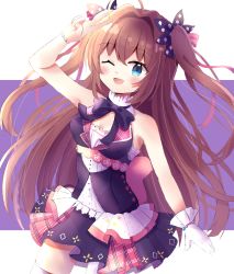 Rule 34 | 1girl, ;d, ahoge, armpits, bare shoulders, blue eyes, blush, bracelet, brown hair, cleavage cutout, clothing cutout, commentary, cowboy shot, detached collar, dress, gloves, hair intakes, hair ornament, hair ribbon, highres, idol, jewelry, long hair, looking at viewer, mizuki (lvo0x0ovl), one eye closed, open mouth, pearl bracelet, purple background, re:stage!, ribbon, shikimiya aone, single glove, sleeveless, sleeveless dress, smile, solo, thighhighs, two side up, v, very long hair, white background, white thighhighs, zettai ryouiki