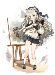 Rule 34 | 1girl, animal ears, child, dot nose, drawing, flower, flower hair ornament, grey hair, hat, highres, holding own tail, long hair, looking at viewer, original, paintbrush, painting (object), paper, pencil, sayan, school uniform, shoes, simple background, skirt, snow leopard ears, snow leopard girl, snow leopard tail, socks, solo, standing, tail, very long hair, white background