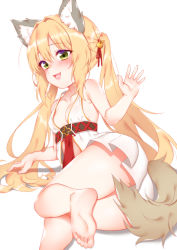 Rule 34 | 1girl, animal ears, ass, barefoot, blonde hair, blush, feet, hair ribbon, highres, idun (tower of saviors), long hair, looking at viewer, lying, on side, parted lips, ribbon, soles, tail, toes, tower of saviors, twintails, yellow eyes