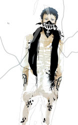 Rule 34 | 1boy, bandana, blot, broken glass, character name, glass, hands in pockets, initials, jolly roger, male focus, one piece, pirate, ribs, scarf, skeletal print, skeletal shirt, skeleton, solo, splatter, spot color, standing, tattoo, trafalgar law, white background, x-ray