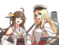 Rule 34 | 10s, 2girls, bad id, bad pixiv id, blonde hair, brown hair, crossover, highres, historical name connection, kantai collection, kongou (kancolle), kongou (warship girls r), lulu heika, military, military uniform, multiple girls, name connection, nontraditional miko, uniform, warship girls r