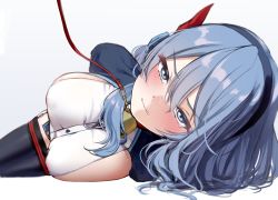 Rule 34 | 1girl, ako (blue archive), arms behind back, bdsm, bell, black thighhighs, blue archive, blue eyes, blue hair, blush, breasts, collar, hair ornament, highres, large breasts, leash, looking at viewer, lying, neck bell, restrained, sideboob, simple background, slave, thighhighs, toshise., white background