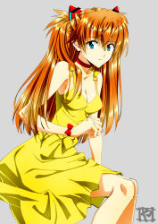 Rule 34 | 1girl, bare shoulders, blue eyes, breasts, dress, grey background, hair between eyes, highres, interface headset, long hair, looking at viewer, neon genesis evangelion, orange hair, simple background, sitting, small breasts, solo, souryuu asuka langley, twintails, very long hair, yamayoshi, yellow dress