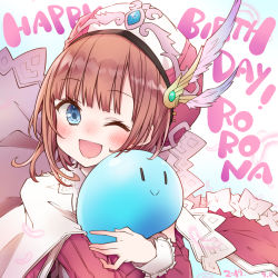 Rule 34 | 1girl, alt (ctrldel), atelier (series), atelier rorona, blue eyes, blush, brown hair, english text, happy birthday, hat, highres, looking at viewer, medium hair, one eye closed, open mouth, rororina fryxell, smile, solo