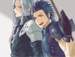 Rule 34 | 2boys, 3wa tari, aqua eyes, armor, belt, black gloves, black hair, black jacket, blue eyes, blue shirt, blurry, blurry foreground, brown belt, buster sword, chest strap, crisis core final fantasy vii, earrings, facial scar, final fantasy, final fantasy vii, gloves, grey background, grey hair, hair slicked back, high collar, jacket, jewelry, long bangs, long hair, looking at viewer, male focus, medium hair, multiple boys, open mouth, parted bangs, scar, scar on cheek, scar on face, sephiroth, shirt, shoulder armor, sideburns, single earring, sleeveless, sleeveless turtleneck, smile, square enix, suspenders, teeth, toned, toned male, turtleneck, upper body, upper teeth only, waving, weapon, weapon on back, zack fair