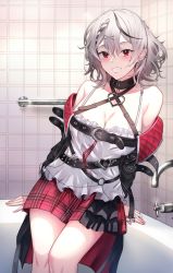 Rule 34 | 1girl, absurdres, arms behind back, bare shoulders, bathroom, belt, black belt, black choker, black jacket, blush, braid, breasts, choker, cleavage, clothes pull, collarbone, ear piercing, feet out of frame, grey hair, hair ornament, hairclip, harness, highres, hololive, jacket, jacket pull, leaning back, long hair, looking at viewer, medium breasts, misa pika, mouth hold, multicolored hair, open clothes, open jacket, open mouth, parted lips, piercing, plaid, plaid skirt, red eyes, sakamata chloe, shirt, skirt, smile, solo, standing, streaked hair, teeth hold, virtual youtuber, white shirt
