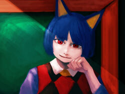 Rule 34 | 1boy, animal crossing, animal ears, blue hair, cat boy, cat ears, hand on own face, nintendo, personification, plusma, red eyes, rover (animal crossing), solo, sweater vest