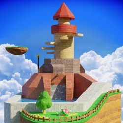 Rule 34 | 3d, bad id, bad twitter id, blender (medium), cloud, commentary, english commentary, fence, floating island, highres, mario (series), mary in the stars, nintendo, no humans, piranha plant, plant, scenery, sky, super mario 64, tower, tree