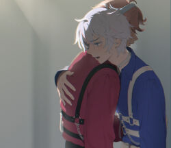Rule 34 | 2boys, backlighting, blue eyes, blue shirt, breath, chain, chest harness, choker, collared shirt, commentary request, exhausted, from side, grey background, hair between eyes, hand on another&#039;s back, harness, hug, hughie (pretty series), ibuki touma, ibuki touma (primagista), long sleeves, looking ahead, male focus, multicolored hair, multiple boys, o-ring, o-ring harness, open mouth, orange hair, oshiri (o4ritarou), pink hair, pretty series, red shirt, shirt, short hair, streaked hair, sweat, upper body, waccha primagi!, white choker, white hair