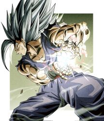 Rule 34 | 1boy, biceps, black wristband, border, closed mouth, collarbone, commentary request, dougi, dragon ball, dragon ball super, dragon ball super super hero, electricity, energy, feet out of frame, fighting stance, gohan beast, gradient background, grey hair, hands up, highres, long hair, looking ahead, male focus, multicolored background, muscular, muscular male, outside border, pectorals, profile, red eyes, red sash, sash, serious, solo, son gohan, spiked hair, standing, ushi (akabec0), v-shaped eyebrows, white border, wristband