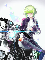 Rule 34 | 1boy, artist request, ascot, bad id, bad pixiv id, black gloves, black jacket, blonde hair, closed eyes, earrings, gloves, green hair, half gloves, jacket, jewelry, lio fotia, male focus, motor vehicle, motorcycle, open mouth, promare, solo