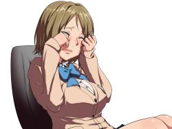 Rule 34 | 10s, 1girl, bad id, bad pixiv id, blush, breasts, cardigan, clearite, closed eyes, crying, highres, idolmaster, idolmaster cinderella girls, large breasts, mimura kanako, open mouth, sad, short hair, simple background, solo, tears, wavy mouth, white background