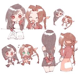 Rule 34 | 2girls, aerith gainsborough, arms behind back, bare shoulders, black hair, black sleeves, book, braid, braided ponytail, brown hair, chibi, commentary, crop top, cropped head, detached sleeves, dress, earrings, elbow rest, final fantasy, final fantasy vii, from behind, gloves, green eyes, hair behind ear, hair ribbon, holding, holding pen, holding staff, jacket, jewelry, long hair, low-tied long hair, multiple girls, nitoya 00630a, open book, open mouth, parted bangs, pen, pink dress, pink ribbon, red eyes, red gloves, red jacket, ribbon, running, single earring, skirt, smile, staff, suspender skirt, suspenders, swept bangs, tank top, teardrop earrings, tifa lockhart, white background, white tank top, writing