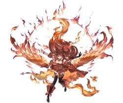 Rule 34 | 10s, 1girl, animal ears, anthuria, bare shoulders, black thighhighs, bracelet, breasts, cleavage, detached sleeves, dress, elbow gloves, erune, fiery wings, fire, full body, gloves, granblue fantasy, hair ornament, jewelry, long hair, looking at viewer, medium breasts, minaba hideo, official art, open mouth, outstretched arms, overskirt, red dress, red eyes, red hair, short dress, single elbow glove, single glove, smile, solo, thighhighs, transparent background, wings, zettai ryouiki