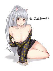 Rule 34 | 00s, 1girl, :p, animal ears, areola slip, arm support, artist name, blush, breasts, cat ears, cleavage, clothes pull, collarbone, downblouse, dungeon and fighter, eyebrows, female gunner (dungeon and fighter), flashing, full body, gunner (dungeon and fighter), heart, heart print, large breasts, long hair, long sleeves, looking at viewer, no bra, off shoulder, panties, pantyshot, ponytail, red eyes, shaojiang, shiny skin, silver hair, simple background, sitting, sleeves past wrists, smile, solo, sweater, sweater pull, tongue, tongue out, underwear, white background, white panties