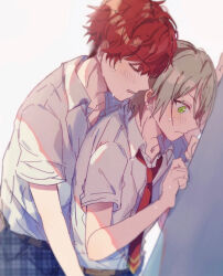 Rule 34 | 2boys, amagi hiiro, blonde hair, blush, closed eyes, closed mouth, collared shirt, commentary request, cowboy shot, ensemble stars!, green eyes, hands up, male focus, mma runn, multiple boys, necktie, open mouth, pants, partial commentary, plaid, plaid pants, red hair, school uniform, shiratori aira (ensemble stars!), shirt, short hair, short sleeves, sweat, two-tone necktie, white shirt, yaoi