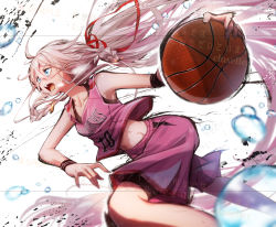 Rule 34 | 1girl, absurdly long hair, ahoge, alternate costume, arm up, armband, artist name, ball, bare shoulders, basketball, basketball (object), basketball uniform, bike shorts, blue eyes, braid, breasts, breath, clothes writing, cluseller, collarbone, commission, dutch angle, english text, female focus, groin, hair between eyes, hair ornament, hair ribbon, holding, ia (vocaloid), japanese text, long hair, midriff, navel, open mouth, pink hair, pink shirt, pink shorts, ponytail, red ribbon, ribbon, running, sample watermark, shiny skin, shirt, short shorts, shorts, sleeveless, sleeveless shirt, small breasts, solo, sports bra, sportswear, sweat, sweatband, teeth, tongue, translation request, twin braids, v-shaped eyebrows, very long hair, vocaloid, watermark