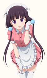 Rule 34 | 1girl, :d, apron, bad id, bad pixiv id, blend s, blunt bangs, commentary request, frilled apron, frills, gloves, hair ornament, hair over shoulder, hair scarf, highres, ishida seito, leaning forward, long hair, looking at viewer, low twintails, open mouth, pink shirt, pink skirt, puffy short sleeves, puffy sleeves, purple eyes, purple hair, sakuranomiya maika, shirt, short sleeves, simple background, skirt, smile, solo, thighhighs, twintails, very long hair, waist apron, white apron, white background, white gloves, white thighhighs
