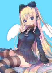 Rule 34 | 1girl, :3, :d, black bow, black dress, blonde hair, blue background, blue eyes, blush, bow, breasts, comiket, commentary request, diagonal stripes, dress, fingernails, hair between eyes, hair bow, hair ornament, hand up, head tilt, heart, heart-shaped pupils, highres, john hathway, juliet sleeves, lace-trimmed bow, lace trim, long hair, long sleeves, looking at viewer, medium breasts, necktie, no shoes, open mouth, original, pleated dress, puffy sleeves, short necktie, sitting, sleeves past wrists, smile, solo, striped clothes, striped necktie, striped neckwear, striped thighhighs, symbol-shaped pupils, thighhighs, very long hair, wariza, white wings, wings