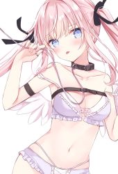 Rule 34 | 1girl, bare shoulders, black collar, blue eyes, blush, bra, breasts, cleavage, closed mouth, collar, collarbone, commentary request, feathered wings, frilled bra, frilled panties, frills, hair between eyes, highres, hoshi (snacherubi), leash, long hair, looking at viewer, medium breasts, navel, original, panties, pink hair, purple bra, purple panties, simple background, solo, strap slip, tongue, tongue out, twintails, underwear, underwear only, white background, white wings, wings