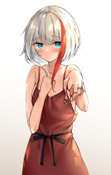 Rule 34 | 1girl, admiral graf spee (azur lane), azur lane, bare arms, bare shoulders, blue eyes, blush, brown dress, chocolate on hand, closed mouth, collarbone, commentary request, dress, food, food on hand, gradient background, grey background, highres, jewelry, long hair, looking at viewer, multicolored hair, osisio, red hair, ring, silver hair, sleeveless, sleeveless dress, solo, streaked hair, valentine, wedding band, white background