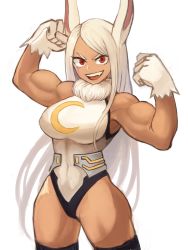 Rule 34 | 1girl, :d, abs, animal ears, armpits, arms up, bare arms, bare shoulders, boku no hero academia, breasts, dark-skinned female, dark skin, double biceps pose, eyelashes, fang, female focus, flexing, fur collar, gloves, highleg, highleg leotard, highres, impossible clothes, impossible leotard, korean commentary, large breasts, leotard, long hair, looking at viewer, mirko, muscular, muscular female, open mouth, pov armpits, rabbit ears, rabbit girl, red eyes, simple background, smile, solo, sookmo, standing, teeth, thighhighs, thighs, toned, v-shaped eyebrows, white background, white gloves, white hair