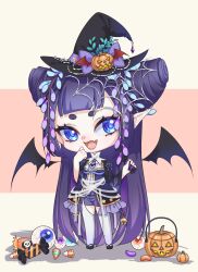 Rule 34 | 1girl, :d, ascot, bat wings, bell, black footwear, black sleeves, blue eyes, blunt bangs, bow, candy, chibi, cone hair bun, double bun, eyeball, fang, flower, food, frilled skirt, frills, full body, garter straps, hair bun, hair flower, hair ornament, halloween, halloween costume, hands up, hat, hat bow, highres, holding, holding food, jack-o&#039;-lantern hat ornament, kumu zaisheng, long hair, long sleeves, looking to the side, okobo, open mouth, orange background, overskirt, purple ascot, purple bow, purple flower, purple hair, purple shorts, purple skirt, sandals, shirt, short eyebrows, short shorts, shorts, skin fang, skirt, smile, solo, spider web hair ornament, thighhighs, turtleneck, very long hair, white shirt, white thighhighs, wide sleeves, wings, witch hat, xiao huaxian, yellow background, yuji (xiao huaxian)