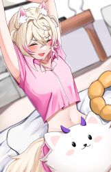 Rule 34 | 1girl, animal ear fluff, animal ears, bed, bedroom, blanket, blonde hair, breasts, curtains, dog ears, dog girl, hair ornament, highres, hololive, hololive english, indoors, mococo abyssgard, multicolored hair, navel, on bed, pajamas, perroccino (fuwamoco), pillow, pink hair, pink pajamas, rissa (user chiwa2385), short hair, small breasts, streaked hair, virtual youtuber, waking up