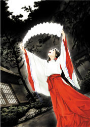 Rule 34 | 1girl, architecture, black hair, bush, chihaya (clothing), commentary request, dutch angle, east asian architecture, feet out of frame, forest, holding, holding paper, japanese clothes, kimono, long hair, looking up, miko, morino kiriko, nature, open mouth, original, paper, red skirt, rock, shouji, skirt, sliding doors, solo, standing, tree, wide sleeves