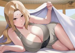 Rule 34 | 1girl, absurdres, artist logo, artist name, bare arms, bare shoulders, bed invitation, black sash, blanket, blonde hair, breasts, brown eyes, cleavage, facial mark, forehead mark, grey kimono, hair intakes, highres, huge breasts, indoors, japanese clothes, kaos art, kimono, long hair, looking at viewer, lying, mature female, naruto, naruto (series), obi, on side, parted lips, patreon username, sash, solo, thighs, tsunade (naruto), under covers