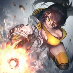 Rule 34 | 1girl, action, black hair, braid, breasts, casing ejection, chain paradox, cleavage, closed mouth, commission, firing, full body, gloves, grey background, gun, handgun, hetza (hellshock), holding, holding weapon, jacket, knee pads, large breasts, long hair, looking at viewer, motion blur, open clothes, open jacket, pistol, ponytail, shell casing, shorts, smoke, solo, tank top, thighhighs, weapon, white jacket, white shorts, yellow eyes, yellow tank top, yellow thighhighs