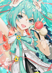 Rule 34 | 1girl, absurdres, aqua eyes, aqua hair, aqua ribbon, arm up, bare shoulders, bow, bowtie, bubble, cable, cape, commentary, flower, hair flower, hair ornament, hatsune miku, heart, higasizora-kai, highres, holding, holding microphone, long hair, magical mirai (vocaloid), magical mirai miku, magical mirai miku (2021), microphone, neck ribbon, open mouth, ribbon, shirt, sleeveless, sleeveless shirt, smile, solo, striped bow, striped bowtie, striped clothes, striped neckwear, striped ribbon, twintails, upper body, very long hair, vocaloid, white flower, white shirt, yellow flower