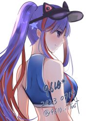 Rule 34 | 1girl, 9610 (kuroto), animal ears, artist name, bikini, blue bikini, blue hair, breasts, cat ears, dated, fake animal ears, from behind, highres, kantai collection, large breasts, long hair, multicolored hair, official alternate costume, ponytail, red hair, simple background, solo, south dakota (kancolle), star (symbol), swimsuit, twitter username, upper body, visor cap, white background, white hair