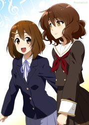 Rule 34 | 2girls, brown eyes, brown hair, commentary request, creator connection, crossover, hair ornament, hairclip, hibike! euphonium, highres, hirasawa yui, jacket, k-on!, long sleeves, mattari yufi, multiple girls, musical note, open mouth, oumae kumiko, pleated skirt, school uniform, short hair, skirt, smile, treble clef, upper body, wavy hair, yellow eyes