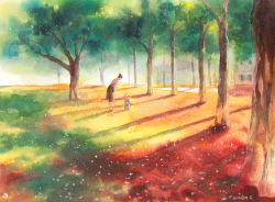 Rule 34 | 1boy, 1girl, brown hair, commentary, dated, eye contact, hair bun, highres, leaf, leaning forward, looking at another, looking down, mother and son, original, own hands together, painting (medium), park, path, real world location, road, scenery, selina, shadow, short hair, signature, single hair bun, skirt, toddler, traditional media, tree, watercolor (medium)