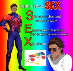 Rule 34 | 1boy, alternate costume, blue bodysuit, bodysuit, brown hair, dark-skinned male, dark skin, english text, hair slicked back, highres, instrument, jamqyu, male focus, marvel, mature male, meme, miguel o&#039;hara, muscular, muscular male, photo-referenced, rainbow background, red bodysuit, short hair, spider-man: across the spider-verse, spider-man (series), spider-verse, sunglasses, thick eyebrows, two-tone bodysuit, xylophone, yeah i have sex (meme)