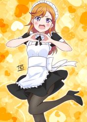 Rule 34 | 1girl, :d, alternate costume, apron, black dress, black footwear, black pantyhose, blush, bow, commentary request, dress, enmaided, eyebrows hidden by hair, foot up, heart, heart background, heart hands, high heels, highres, long hair, looking at viewer, love live!, love live! superstar!!, maid, maid headdress, nervous smile, open mouth, orange background, orange hair, pantyhose, partial commentary, puffy short sleeves, puffy sleeves, purple eyes, shibuya kanon, short dress, short sleeves, signature, smile, solo, split mouth, standing, standing on one leg, swept bangs, v-shaped eyebrows, waist bow, white bow, zero-theme