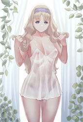 Rule 34 | 1girl, bad id, bad pixiv id, blonde hair, blue hairband, blush, breasts, cleavage, collarbone, darling in the franxx, hairband, holding, holding hair, kokoro (darling in the franxx), lingerie, long hair, medium breasts, negligee, nipples, no bra, no panties, plunging neckline, see-through, solo, spaghetti strap, standing, thighs, underwear, zefrableu