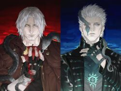 Rule 34 | 2boys, abionicsheep, animal, animal around neck, apple, bishounen, black gloves, blood, blood on hands, blue coat, blue eyes, brothers, coat, dante (devil may cry), demon boy, devil may cry (series), devil may cry 5, facial hair, fingerless gloves, food, fruit, gloves, hair over one eye, hair slicked back, highres, holding, long hair, looking at viewer, male focus, multiple boys, red coat, siblings, smile, snake, twins, vergil (devil may cry), white hair, yellow eyes