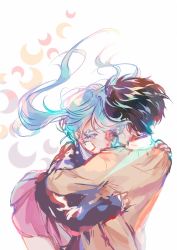 Rule 34 | 1boy, 1girl, bandaid, blue hair, commentary, crying, closed eyes, hatsune miku, highres, hug, koichame, long hair, long sleeves, pleated skirt, real life, red skirt, rolling girl (vocaloid), sketch, skirt, tears, twintails, vocaloid, white background, wowaka