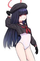 Rule 34 | 1girl, 28 (282teeth), beret, black choker, black gloves, black hair, black hat, black sailor collar, black serafuku, blue archive, choker, cowboy shot, eyes visible through hair, gloves, hair over eyes, halo, hat, highres, justice task force member (blue archive), long hair, long sleeves, neckerchief, one-piece swimsuit, open mouth, red eyes, red halo, red neckerchief, sailor collar, school swimsuit, school uniform, serafuku, simple background, solo, swimsuit, swimsuit under clothes, white background, white one-piece swimsuit
