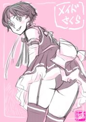 Rule 34 | 1girl, ass, bent over, black panties, capcom, come hither, garter straps, headband, highres, kasugano sakura, legs, looking at viewer, looking back, maid, monochrome, mujinadox, panties, pantyshot, parted lips, short hair, smile, solo, street fighter, thick thighs, thighhighs, thighs, underwear